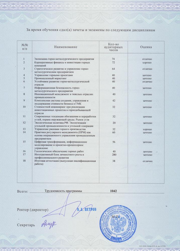 На изображении пример приложения к диплому MBA